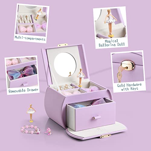 Vlando Musical Jewelry Box for Girls Kids with Drawer, Music Box with Ballerina and Stickers for Birthday Bedroom Decor, Purple