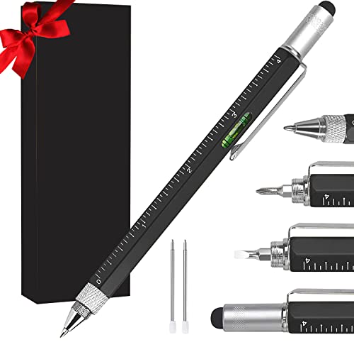 Gifts for Men, 6 in 1 Multitool Pen Set - Touchscreen Stylus, Ruler, Level, Screwdriver Set, Ballpoint Pen - Birthday Gifts for Him, Dad, Husband, Grandpa, Teacher Gifts (Black)