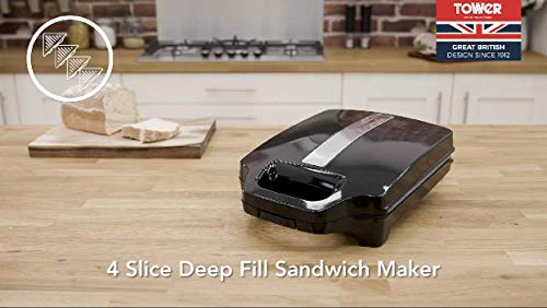 Tower T27021 4-Slice Deep Fill Sandwich Maker with Easy Clean, Non-Stick Plates, Automatic Temperature Control, Cool Touch Handle, 1600 W, Black