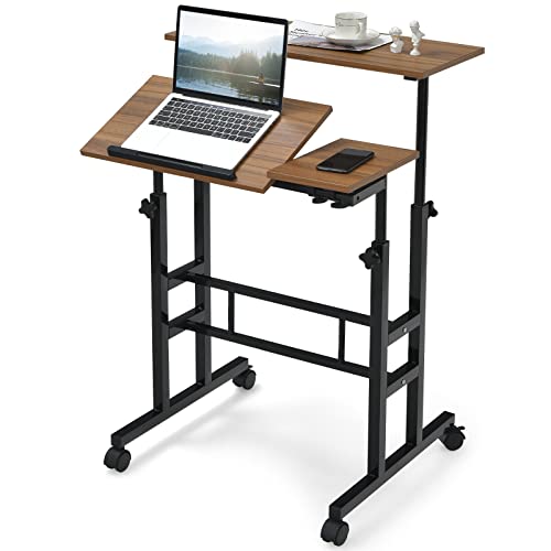 Giantex Mobile Stand up Computer Desk, Rolling Standing Laptop Cart with 2 Tilting Desktops, Sitting or Standing Modes, Height Adjustable Home Office Workstation (Walnut)