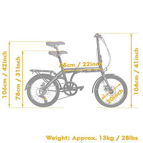 CyclingDeal Folding Bike Foldable Bicycle with 7 Speed Shimano Gears 20-inch Aluminium Wheels Easy Folding City Bicycle with Disc Brake, Rear Carry Rack, Front and Rear Fenders