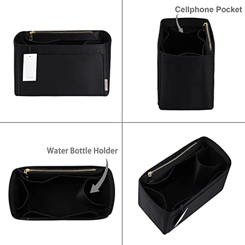 ZTUJO Purse Organizer Insert With Bottle Holder, Sliky Touching Bag Organizer Insert Perfect for Speedy, Neverfull, Tote,ONTHEGO ,Artsy, Handbag & More, Silky Black, Slender Large