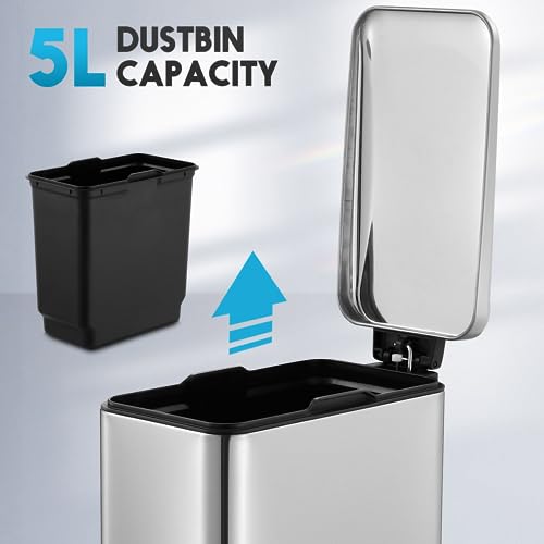 Small Waste Garbage Pedal Rubbish Bin Stainless Steel Slim Trash Can Rectangular Soft Close Lid Kitchen Bathroom 5L Sliver