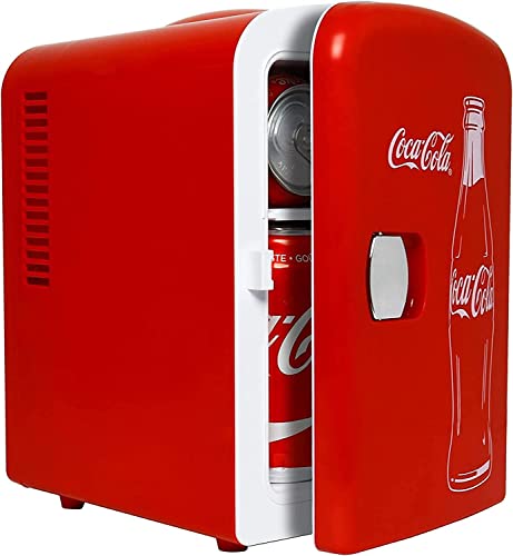 Coca-Cola Classic Portable 6 Can Thermoelectric Mini Fridge Cooler/Warmer, 4 L/4.2 qt, Red, for Home, Dorm, car, Boat, Beverages, Snacks, Skincare, Cosmetics, Medication