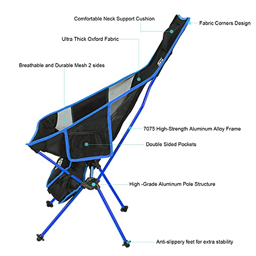 Outdoor Camping Chair Portable Lightweight Folding Camp Chairs with Headrest High Back for Outdoor Hiking Travel Picnic Fishing Backpacking Blue