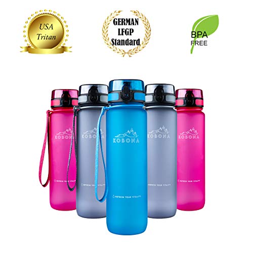 KOBONA 1L Motivational Smart Water Bottle with Time Marking Hydration Tracking Reminder for Sports Fitness - Wide Mouth for Ice, Fruit Infuser, Leak Proof, Light-Weight BPA Free Tritan Material, Grey