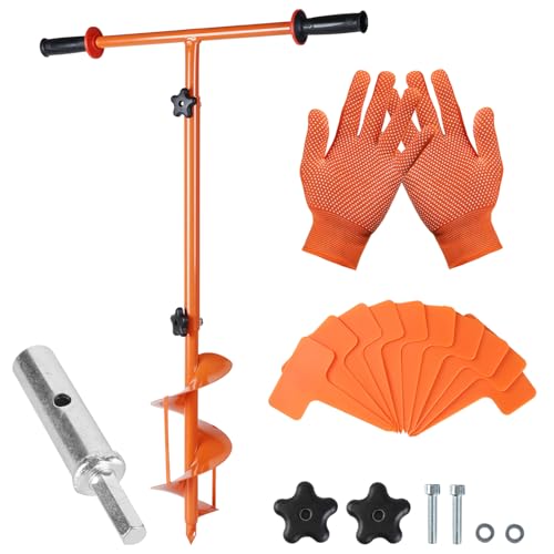 2023 Hole Digger Kit - 25.5×37In Hand Auger Post Hole Digger with A Hole Augers 5.9", Adapter, Gloves, Non-Slip Handles, and Plant Labels, for Flower, Tree, Seedlings, Umbrella, Fence Holes, Orange