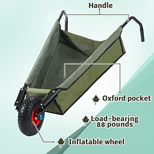 BBTO Folding Garden Wheelbarrow Foldable Yard Cart 88lbs Collapsible Lightweight Gardening Heavy Duty Oxford Cloth Lawn Cart for Adult, Grass, Soil, Brick, Leaf, Garden Supplies, 10" Pneumatic Tire