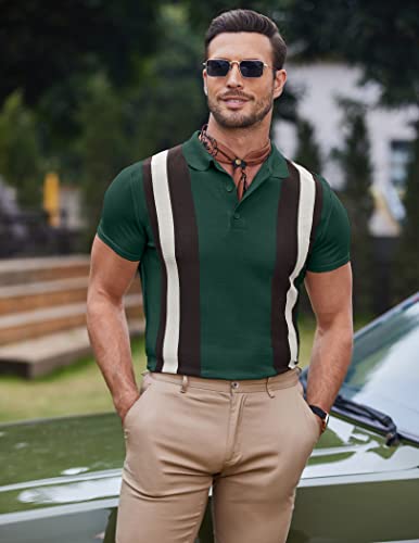 Coofandy Men's Knit Polo Shirt Short Sleeve Vintage Striped Golf Shirt, Green & Black, Medium