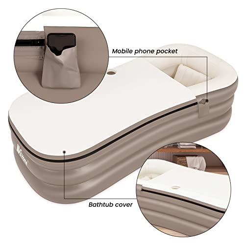WBHome Inflatable Bath Tub PVC Portable Adult Bathtub Bathroom SPA with Electric Air Pump, Cup Holder, Phone Pocket, 118 inch Long Pipe, Grey