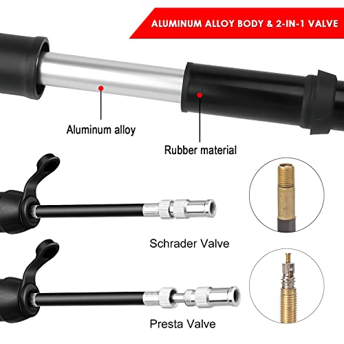 Mini Bike Tire Pump, Portable Bicycle Tire Pump with Frame Mounted & Needle, Aluminum Alloy Bycicles Pumps Bike Tyre Pump, Fits Presta/Schrader Valve Road Mountain Bike