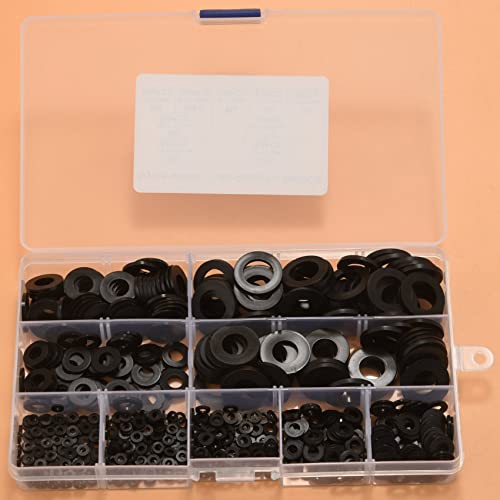 RESFNSE 600Pcs Black Nylon Rubber Flat Washer Assortment Kit for M2 M2.5 M3 M5 M6 M8 M10 M12 Plain Repair Washer Furniture Gasket Kit