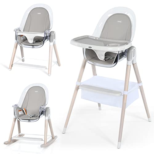 BABY JOY 3 in 1 Wooden Baby Highchair, Rocking Chair/Booster Seat/Toddler Chair Infant Dining Chairs w/Double Removable Tray, 3-Point Seat Belt & Removable Cushion (Gray)