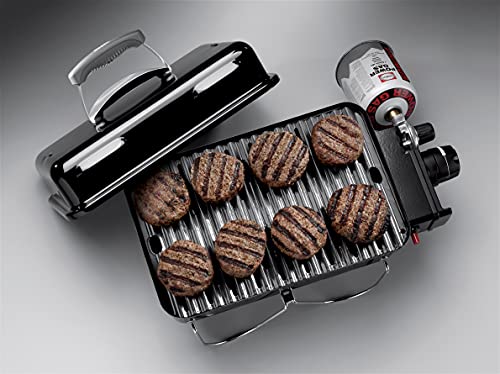 Weber Go-Anywhere Gas Barbeque Grill | Portable Gas BBQ Grill | Table Top Camping Barbeque with Lid | Porcelain-Enamelled Bowl | Small & Lightweight Deep Dish Outdoor Stove - Ivory (1125004)