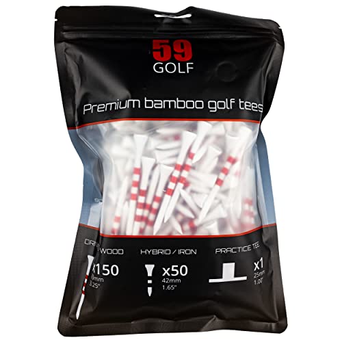 59Golf - 201x Premium Bamboo Golf tee Set: 150x tees for Driver/Wood + 50x tees for Hybrid/Iron + 1x Practice Rubber tee