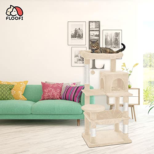 Floofi Cat Tree with Scratching Post & Interactive Cat Toy, Multi-Level Tower & Play House Suitable for Indoors (118 cm, Beige Plush Cat Condo)