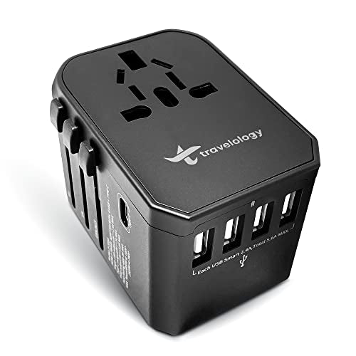 Travelology Universal Travel Adapter, International Wall Charger AC Power Plug with 4 USB 3.0A and 1 USB Type-C for 150 Worldwide Countries Including US/EU/UK/AU (Black)