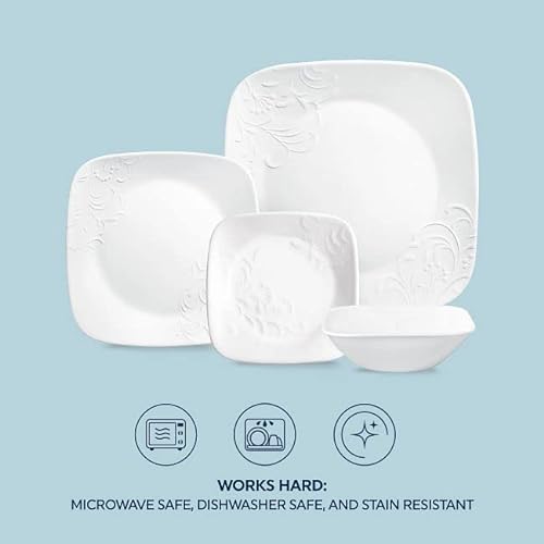 Corelle Cherish 16pc, Service for 4, Dinnerware Set, 8 Plates 8 Bowls, Chip & Break Resistant, Dinner Plates and Dinner Bowls, Corelleware Plates, White