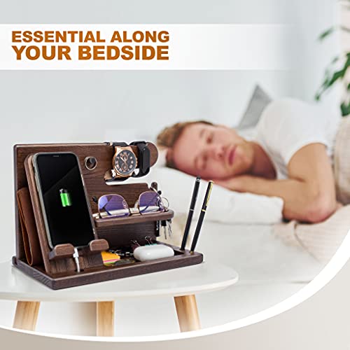 Wood Phone Docking Station Ash Key Holder Wallet Stand Watch Organizer Men Gift Husband Wife Anniversary Dad Birthday Nightstand Purse Father Graduation Male Travel Idea Gadgets (Brown)