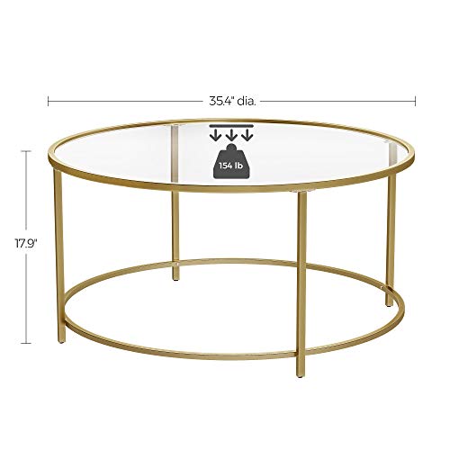 VASAGLE Round Coffee Table, Glass Table with Golden Iron Frame, Living Room Table, Sofa Table, Robust Tempered Glass, Stable, Decorative, Gold ULGT21G