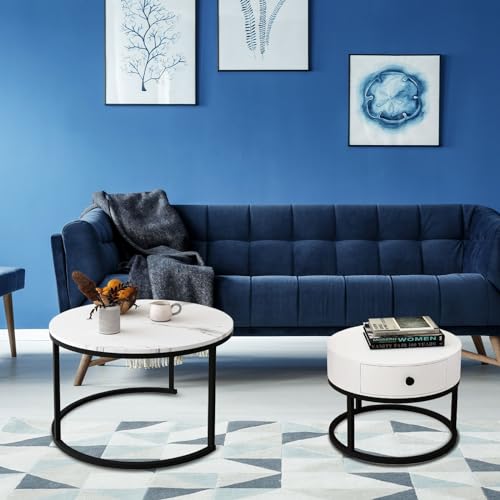 Luxsuite Round Nesting Coffee Table Set of 2 Bedside Stacking Faux Marble Look Accent Tables Soft Side Table Set with Drawer Living Room Furniture White