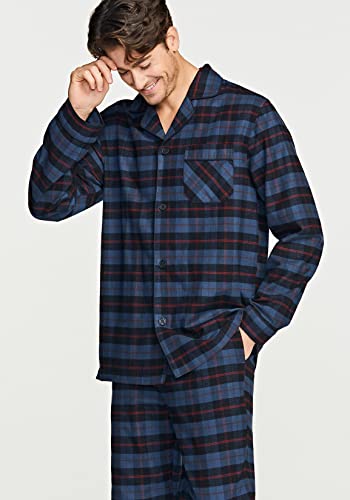 CQR Men's 100% Cotton Plaid Flannel Pajama Set, Brushed Soft Lounge & Sleep PJ Top & Bottom with Pockets HPJ200-NBL_Medium