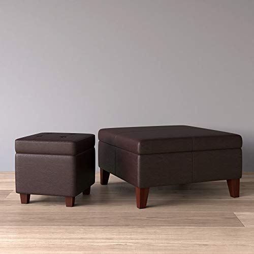 HomePop Leatherette Tufted Square Storage Ottoman with Hinged Lid, Brown