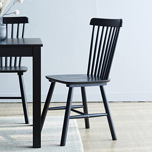 Livinia Aslan Malaysian Oak Dining Chair Set of Two, Country Farmhouse High Spindle Back Wooden Side Chairs (Black)