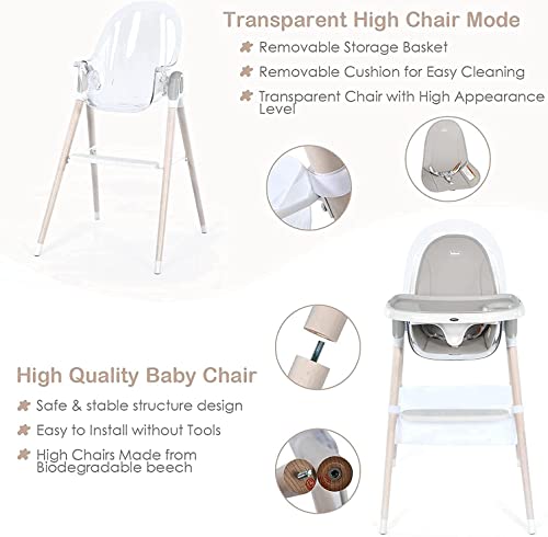 BABY JOY 4-in-1 Baby High Chair, Wooden Highchair Booster Seat w/Adjustable Seat & Double Removable Tray, Infant Dining Chairs Rocking Chair w/Storage Bag, Footrest & 3-Point Safety Belt, Gray