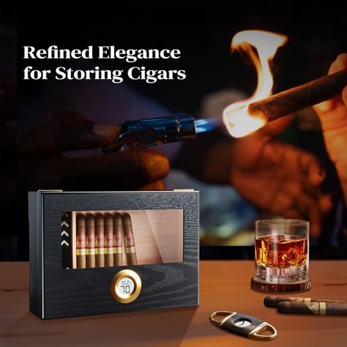 Puffaland Cigar Humidor Box, Cigar Case Desktop Box Cedar Wood Cigar Box Gift for 20-25 Cigars with Glass Top and Digital Hygrometer,Black