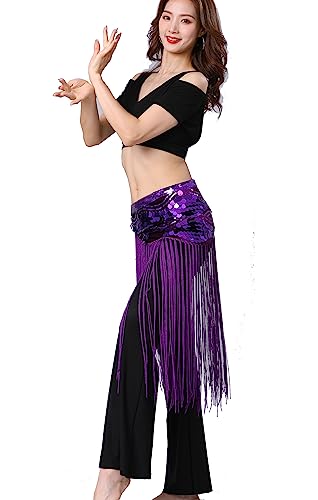 ZLTdream Glitter Sequin Belly Dance Hip Scarf Fringe Belt Wrap Skirt for Women Outfit Accessory Costume with Tassel Fringe, Dark Purple, One size