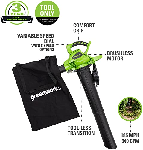 Greenworks 40V (185 MPH / 340 CFM / 75+ Compatible Tools) Cordless Brushless Leaf Blower/Vacuum, Tool Only