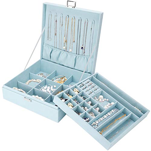 ProCase Jewelry Box Organizer for Women Girls, Two Layer Jewelry Display Storage Holder Case for Necklace Earrings Bracelets Rings Watches -Blue