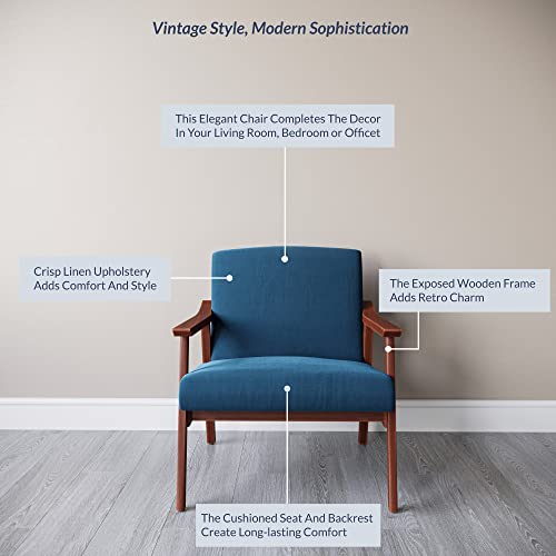 BELLEZE Mid-Century Modern Accent Chair Upholstered Linen Fabric Armchair with Wooden Frame Legs, Cushioned Seat and Backrest for Living Room - Bianca (Navy Blue)