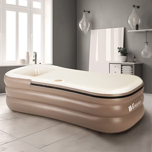 WBHome Inflatable Bath Tub PVC Portable Adult Bathtub Bathroom SPA with Electric Air Pump, Cup Holder, Phone Pocket, 118 inch Long Pipe, Grey