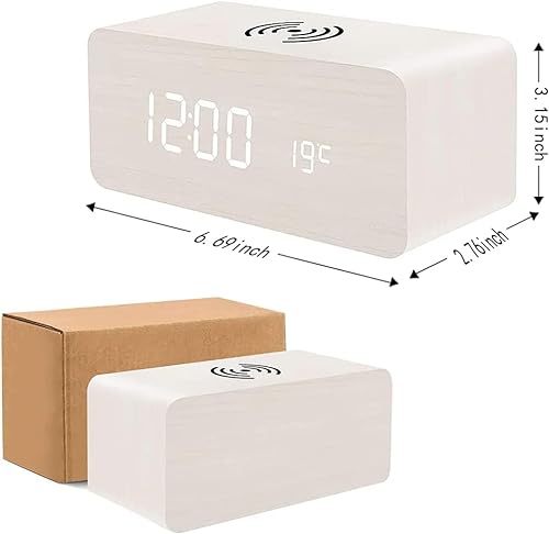 Wooden Digital Alarm Clock with Wireless Charging, 3 Alarms LED Display, Sound Control and Snooze Dual，Adjustable Brightness, Time Temperature (White)