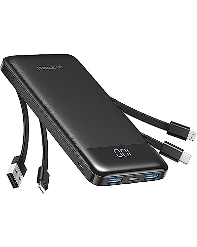 Charmast 10000mAh Power Bank Built in 4 Cables, Slim USB C Portable Charger, LED Display External Battery Pack with 6 Output and 3 Input, Compatible with iPhone, Samsung, Tablets and More