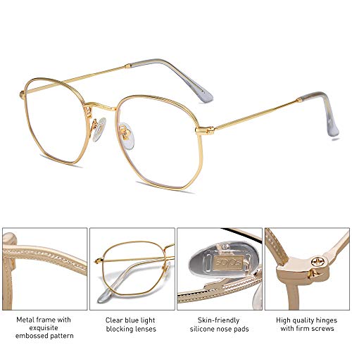 SOJOS Small Blue Light Blocking Glasses Hexagonal Eyeglasses Frame Anti Blue Ray Glasses One and Only SJ5036, 0c1 Gold Frame, Tiny