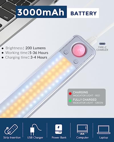 MERTTURM Under Cabinet Light, 14Inch Wireless Closet Light, 3000mAh Rechargeable LED Motion Sensor Light Indoor with 3 Light Colors, Dimmable Under Counter Light for Kitchen Wardrobe Cupboard