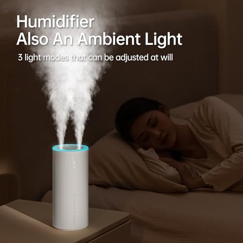 JISULIFE Humidifiers for Bedroom, Dual Mist Ports 3 Speeds Small Humidifier, Rechargeable Desk Portable Humidifier 8000mAh with Light, Auto Shut-Off, Cool Mist Humidifiers for Baby/Nursery/Plant White