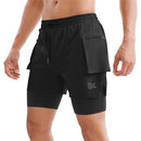 BROKIG Men's 2 in 1 Running Shorts, Quick Dry Sport Shorts Workout Fitness Gym Shorts Men with Zip Pockets(Black,Medium)