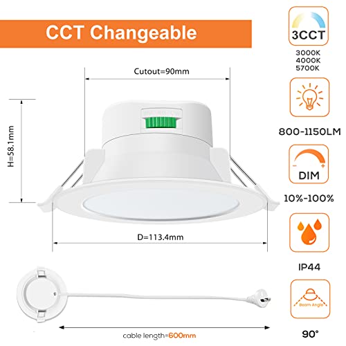 ALUX 10pcs 13W Flat Face Led Ceiling Lamp LED Downlight Kit CCT Changeable 90mm Cutout IP44 Dimmable 3000K&4000K&5700K All in one (Spray White)