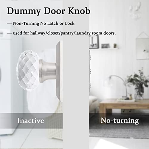 10 Pack Orger Crystal Dummy Door Knobs Without Lock or Latch, Inactive Half Dummy Round Door Knobs on One Side of Doors, Glass Pantry Door Knobs with Satin Nickel Square Rosette