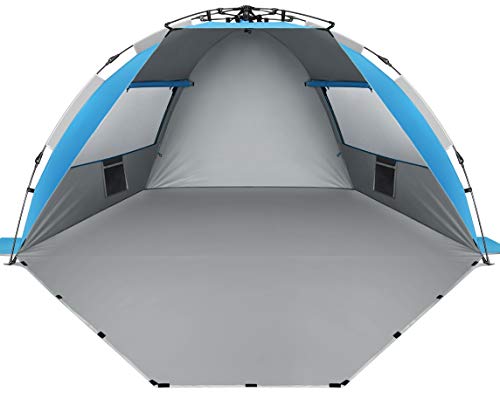 Oileus X-Large 4 Person Beach Tent Sun Shelter - Portable Sun Shade Instant Tent for Beach with Carrying Bag, Stakes, 6 Sand Pockets, Anti UV for Fishing Hiking Camping, Waterproof Windproof, Blue