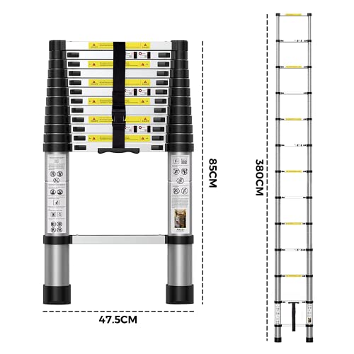 3.8M/12.5FT Telescopic Aluminium Ladder with Safety Hooks, Extension Compact Ladder Lightweight Folding Collapsible Ladder, Heavy Duty Non Slip Extend Climb Ladder, Independent Height Locking