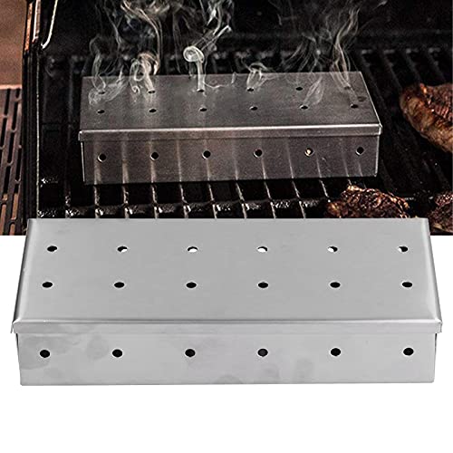 BBQ Smoker Box Grill Smoker Box for Wood Chips, Charcoal Gas Barbecue Meat Smoking with Hinged Lid, BBQ Grill and Smoker Accessories Outdoor Smoker, Stainless Steel
