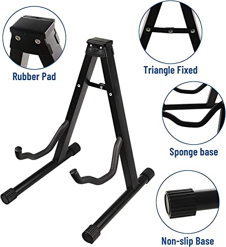 Guitar Stand - A-Frame, Universal, Folding Holder for All Types of Guitars Sturdy and Adjustable Design with Protective Rubber Coating Acoustic Classic Electric Bass Travel Guitar Stand - Black