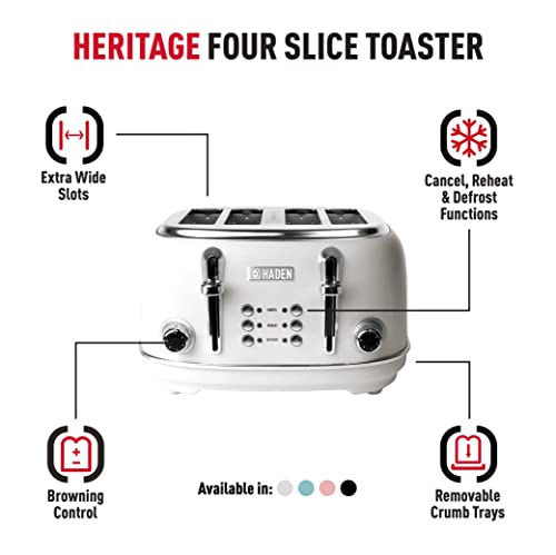 Haden Heritage White Toaster - 4 Slice Toaster - Stainless Steel Housing - Reheat and Defrost Functions - Variable Browning Control - Self Centering Function - 1370-1630W