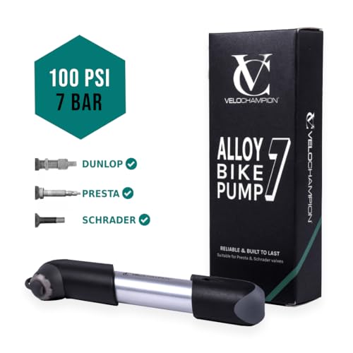 VeloChampion Frame Mounted Alloy 7 Mini Bike Pump Fits Presta (SV) Schrader (AV) Dunlop (DV) 100 PSI. Portable, Compact, Durable and Easy to Use