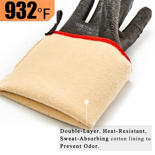 RAPICCA BBQ Gloves,14IN 932℉ Heat Resistant for Smoker/Cooking/Pit/Barbecue,Textured Palm Handle Greasy Food on Your Fryer/Grill/Oven Without Slip,Waterproof,Oil Resistant,Very Easy to Clean(XL)